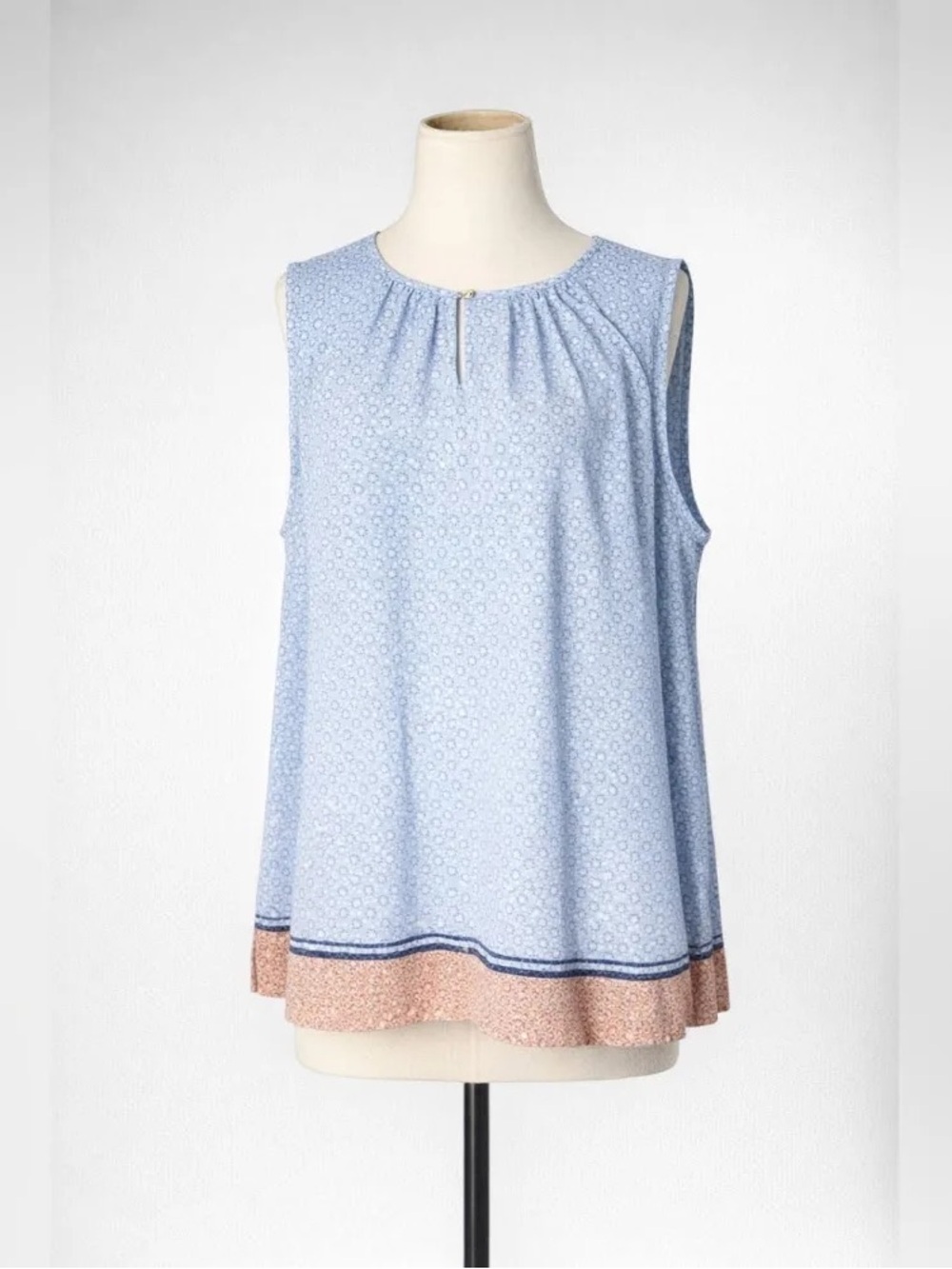 Talbots Blue Printed Sleeveless Top with Coral Trim